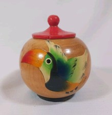 Vintage Wooden Trinket Box Birds Folk Art Hand Carved  Painted Round 4  W Lid