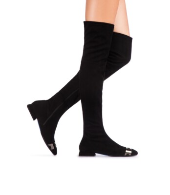 $625 Loriblu OTK Over The Knee Stretch Faux Suede Black Flat Boots Sexy 40IT 9US