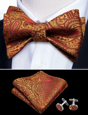 Men/'s Paisley Gold Black Tie Self Tie Bowtie Set Silk Formal Handkerchief USA