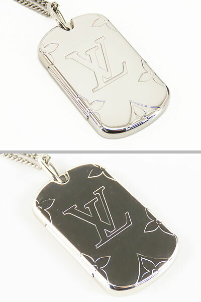 Louis Vuitton Locket Necklace Monogram Dog Tag Pendant Silver