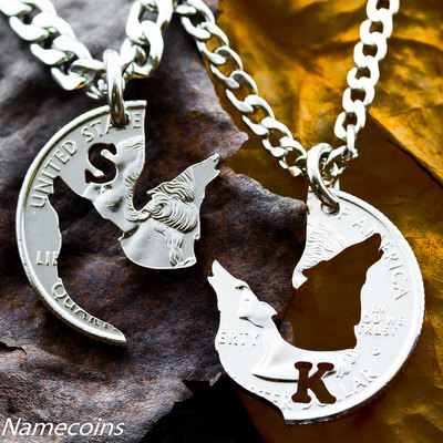 Wolf Necklace Howling initial Jewelry Custom with initials interlocking  coin set