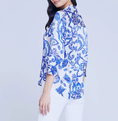 Damen L'AGENCE 3/4-Ärmel Seide Shirt Oberteil Kragen Bluse blau & weiß - Bild 4 von 5