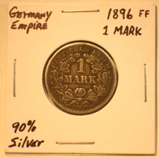 1896 FF German Empire Empire SILVER 1 Mark Coin - VF +