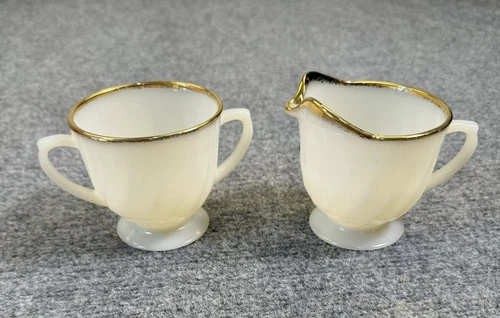 Vintage Fire King Ovenware Creamer and Sugar Set milk glass gold trimmed Classic