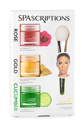 SPASCRIPTIONS 3-Pack Gel Face Mask (Rose, Gold, Cucumber) w Applicator, 1.7 NIB