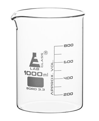 Eisco Labs 1000ml Beaker, Low Form - 100ml Graduations - Borosilicate Glass