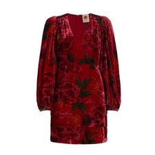 Farm Rio Shiny Flowers Velvet Mini Dress XL Red Burgundy Long Sleeves Holiday