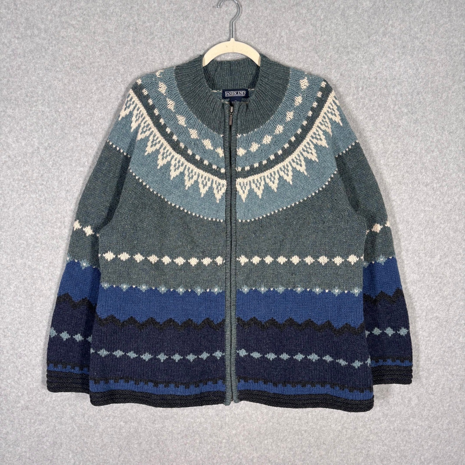 Vintage Lands End Fair Isle Wool Cardigan Sweater 1X Nordic Navy Green Cream