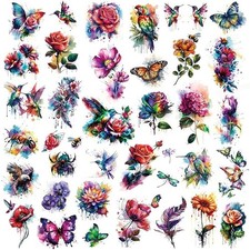 Watercolor Flower Butterfly Hummingbird 14 Sheets 3D Temporary Tattoos For Women