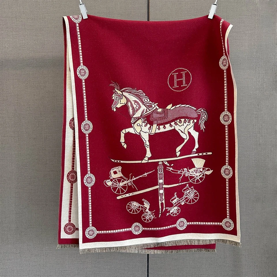 Reversible Equestrian Horse Carriage Scarf Shawl Wrap Red Burgundy Cream Cashmer - Image 4 of 4