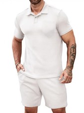 White Men's 2 piece Casual outfit's Waffle Knit polo shirt's and short's set ...
