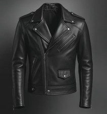 Men's Genuine Leather Biker Jacket Motorcycle Moto Black