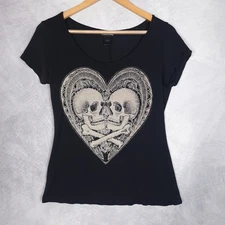 Vintage Y2K Wet Seal Top Womens Large Black Skull Heart Rhinestone Gothic