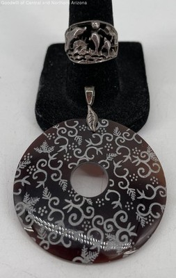 925 Sterling Silver Coconut Shell Pendant & Dolphin Ring Jewelry Set 13.0g