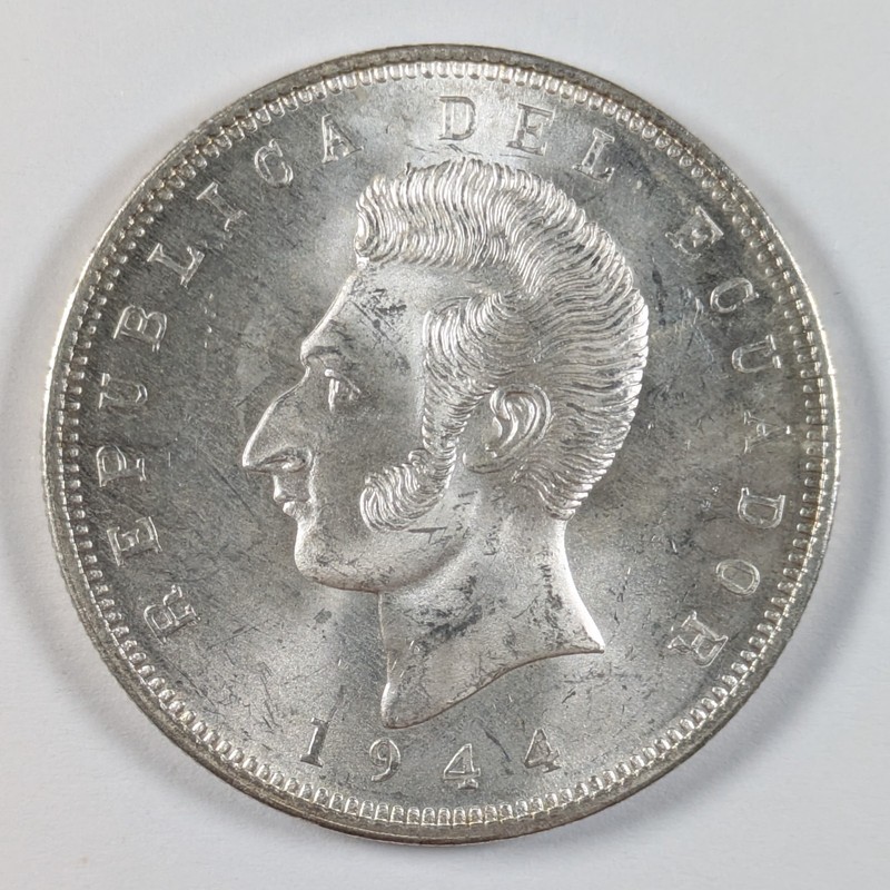 1944 Ecuador Cinco Sucres .720 Silver UNC