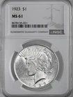 1923-P  $1 PEACE SILVER DOLLAR  "PHILADELPHIA MINT"  NGC MS61 #8678135-021