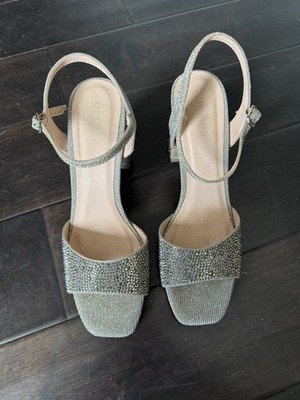 MENBUR Silver Rhinestone Strappy Block Heel Sandal with Ankle Strap SIZE 8 USA