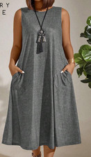 Plus Size Sleeveless Round Neck Solid Color Dress With Pockets, Summer Maxi Wome