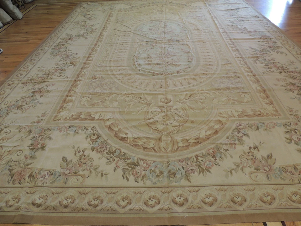 Alfombra estilo Aubusson francesa talla grande/palacio 12x16 lana BEIGE AZUL ROSA FLORAL Foto 2 de 4