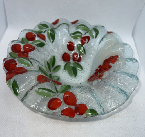 Fused Art Glass 7” Bowl Dish Plate Floral Winter Berries Candy Trinket - Picture 1 of 5