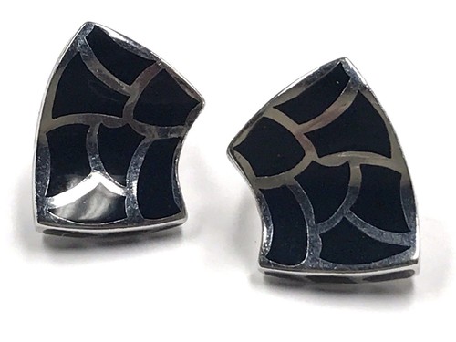 Signed Flli Menegatti 925 Sterling Silver Black Enamel Swirl Ridged Earrings