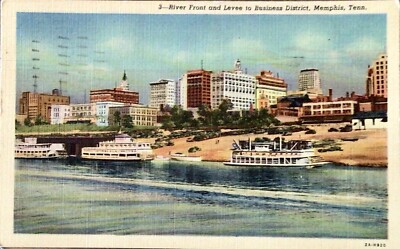 Memphis TN Riverfront Levee To Business District Vintage Postcard Riverboats