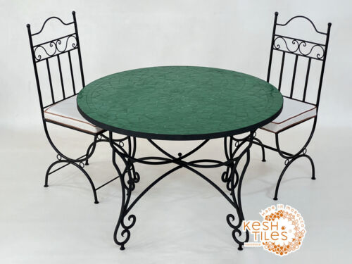43INCH ROUND MOSAIC TABLE, Moroccan Matte Green Tiles, Handmade Flower Design - Picture 2 of 10