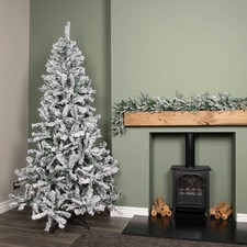 Choice of Size: Snow Flocked Artificial Christmas Tree with Green Metal Stand