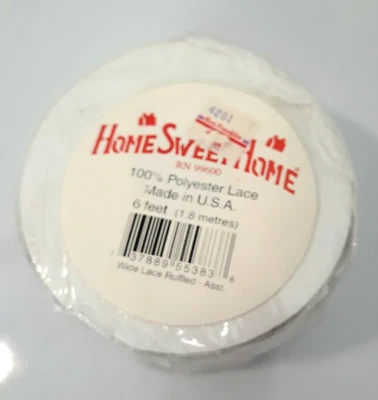 Vintage Ribbon Home Sweet Home WHITE Wide Lace Ruffled Crafts 6' Width 2" - Image 1 of 4