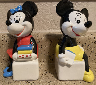 Vintage DISNEY Mickey Minnie Mouse SCHMID Bookends Pair Set 70s era 7''