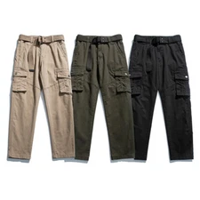 Men Cargo Combat Pants Belted Work Trousers Bottoms Side Pocket Casual