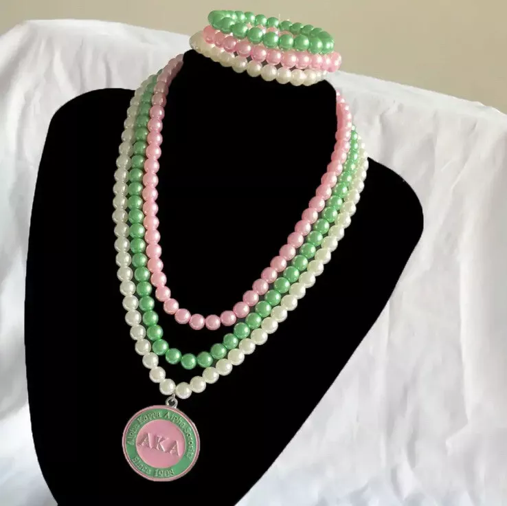 AKA, Alpha Kappa Alpha, Multi-Colored Pearl Necklace Set, AKA Medallion  Pendant