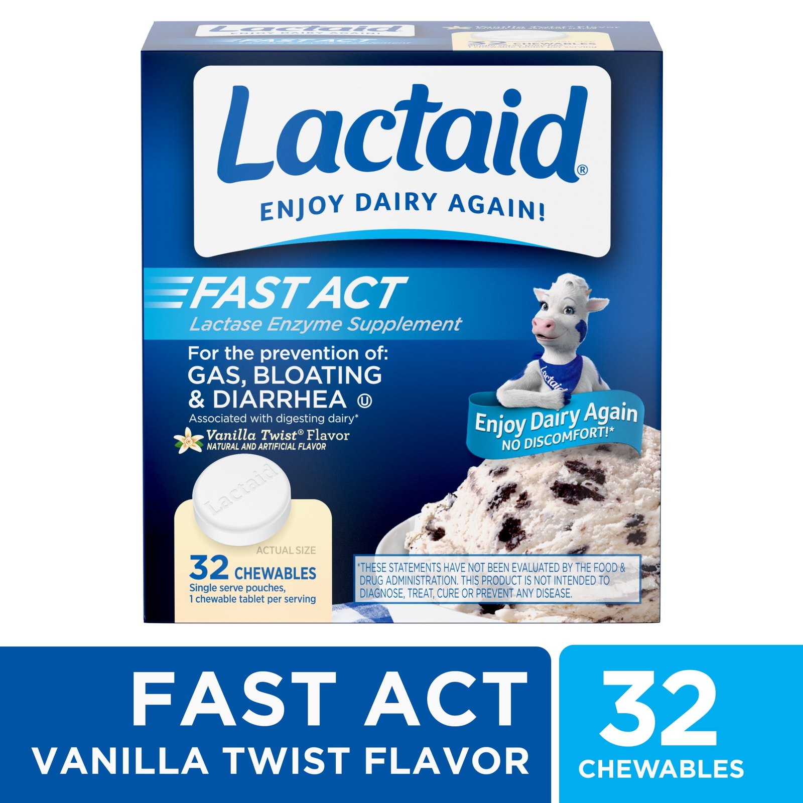 Lactaid Fast Act Lactose Relief Chewables, Vanilla, 32 Packs of 1 Ct