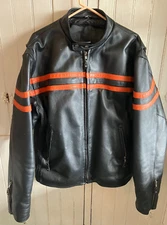 Vintage Mens Leather King  Racer Jacket / Black/Orange Stripes, + Features