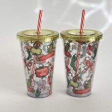 2 Dr. Seuss The Grinch Plastic 16 oz. Tumbler Candy Cane Straw Naughty or Nice
