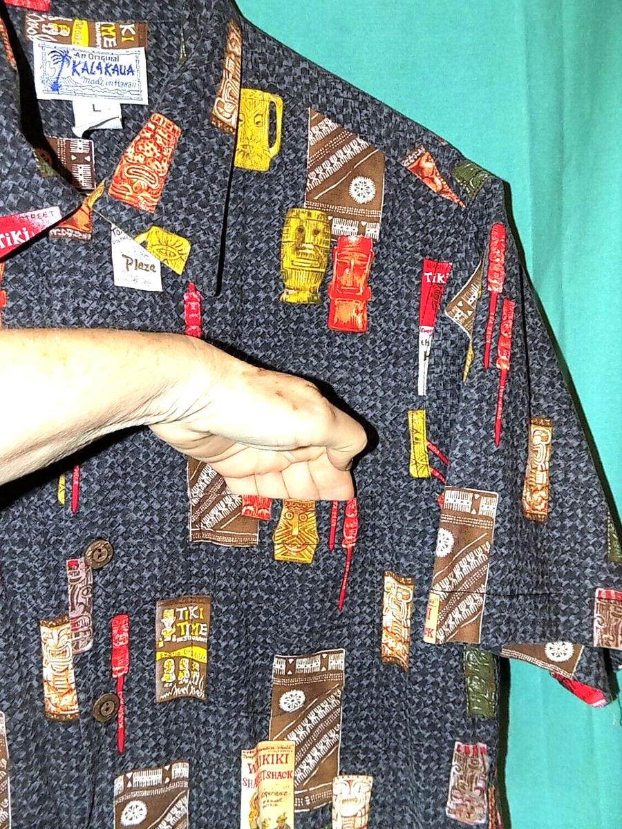 トップス KALAKAUA Exc! Vtg KALAKAUA HAWAIIAN SHIRT, GEO TIKI, COTTON-RAYON, LOOP