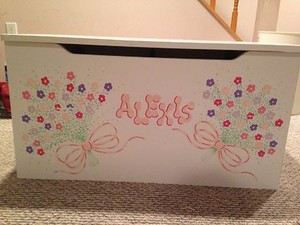 White Wood Toy Chest with Hand Painted Details "Alexis"   PICK UP ONLY NY
