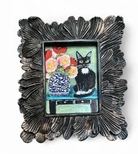 Black Cat & Flowers watercolor print in mini vintage style ornate frame