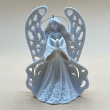 Bisque White Porcelain Christmas Angel Ornament, Reticulated Wings, Holding Dove
