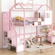 Kids Metal Twin Loft Bed House Design With Play Space & Cabinet Pink For Girls