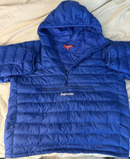 Supreme Mens Blue Down Hooded Half Zip Pullov...