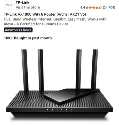 TP-Link AX1800 Archer AX21 Wi-Fi 6 Router Dual-Band Wireless Gigabit