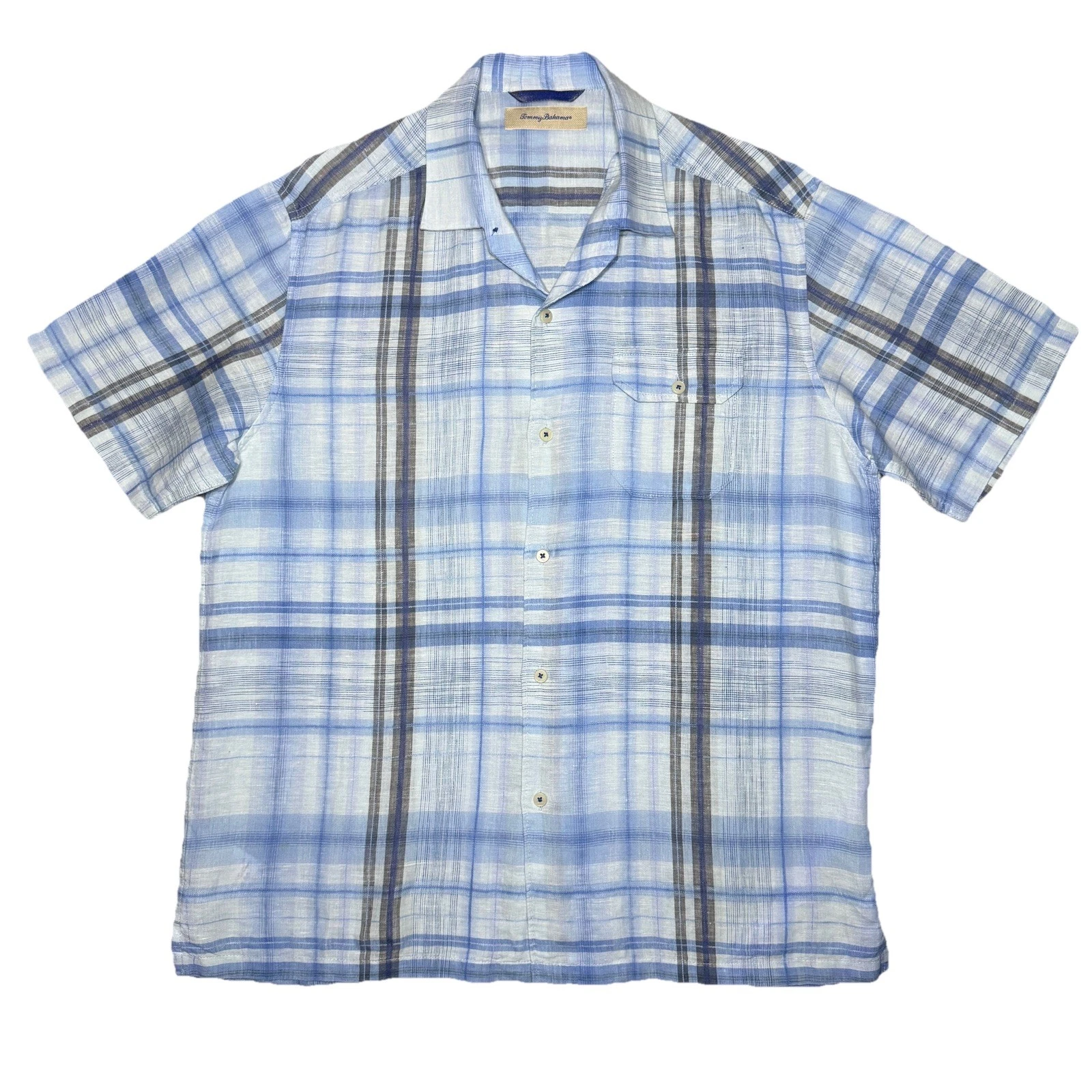 Tommy Bahama 100% Linen Plaid Button Up Short Sleeve Mens Medium Blue Outdoor