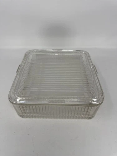 Vtg Federal Glass 8.5" Square Ribbed Clear Glass Refrigerator Dish with Lid