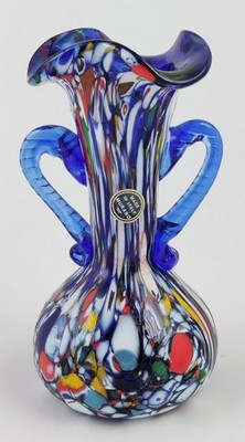 Mid Century Italian Murano Multicolor End Of Day Art Glass Double Handle Vase