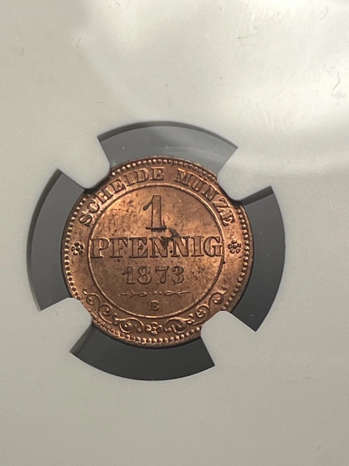 1872 B Germany Saxony 1 Pfennig NGC MS 64 RB  Top Pop 1/0 None Finer - Image 2 of 3