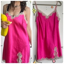 Vintage Victoria  s Secret Hot Pink Satin Slip Dress Lace Babydoll Lingerie   L