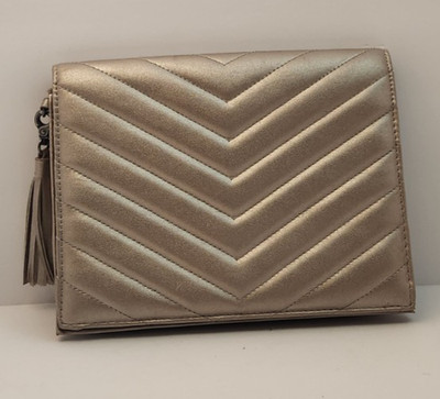 Neiman Marcus Champagne Satin Chevron Quilted Clutch Evening Bag Tassel