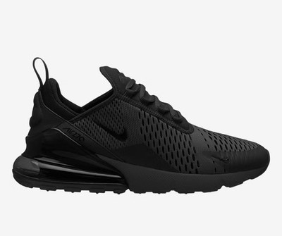 These are Nike Air Max 270 sneakers in a triple black colorway
