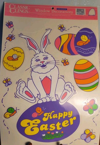 Vintage Lot 3 Sheets Cute Silly Easter Bunny Egg Basket Window Clings 1993 New - Picture 14 of 21
